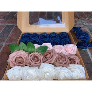 25 count | White Navy Blue Blush Pink Dusty Rose Wedding Flowers Bouquet